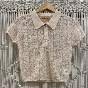 VRG GRL Crochet Knit Cropped Polo Blouse